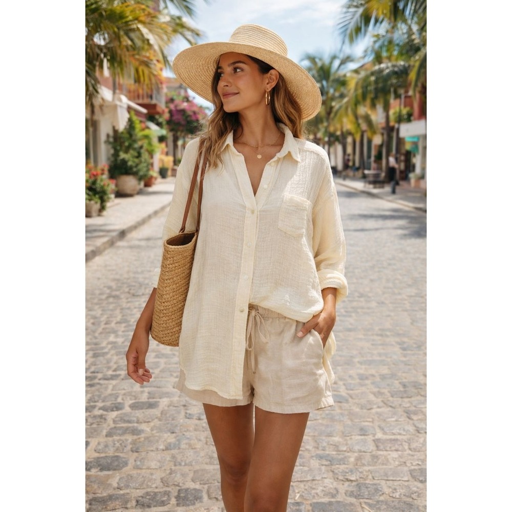 MABLE Ivory Cotton Gauze Button up Tunic Shirt M/L‎ Oversized Minimalist Coastal